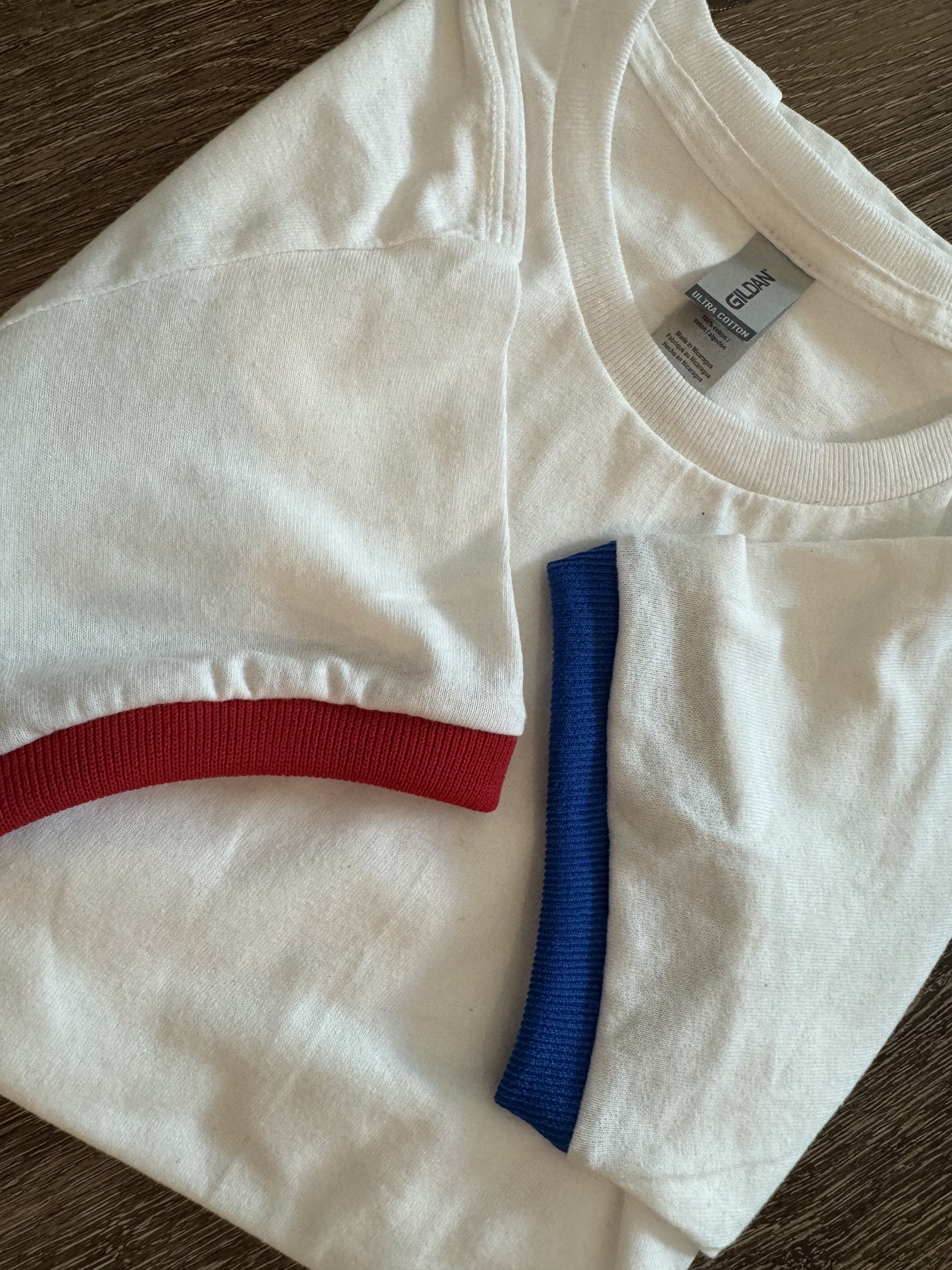 Sample image of Women's White Cotton T-Shirt w/ Red & Blue Cuffs